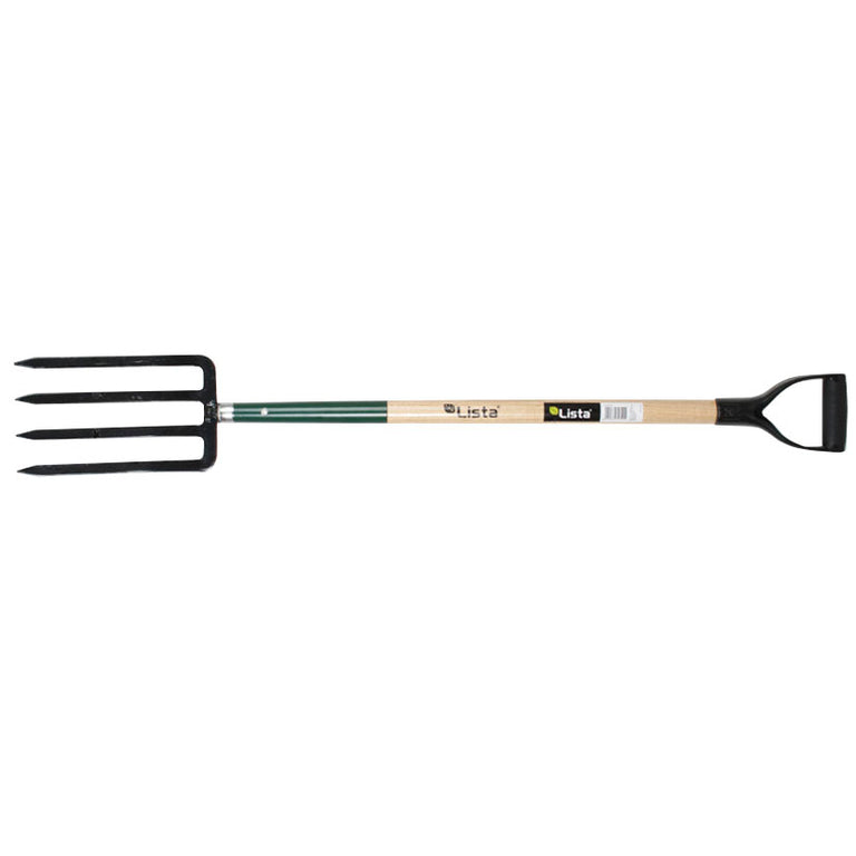 Horca de cavar LISTA con 4 púas forjadas y mango de madera de 120 cm para jardinería profesional