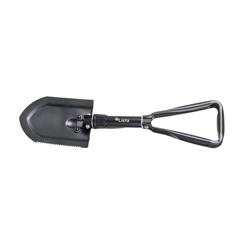 Pala plegable LISTA 3 en 1 extendida con mango triangular ergonómico y borde de sierra lateral.