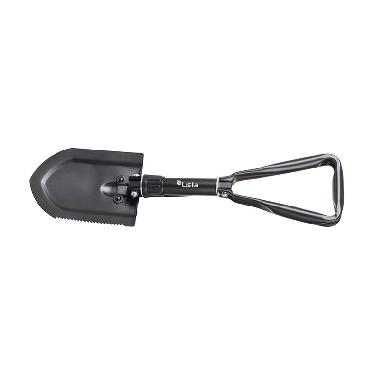 Pala plegable LISTA 3 en 1 extendida con mango triangular ergonómico y borde de sierra lateral.