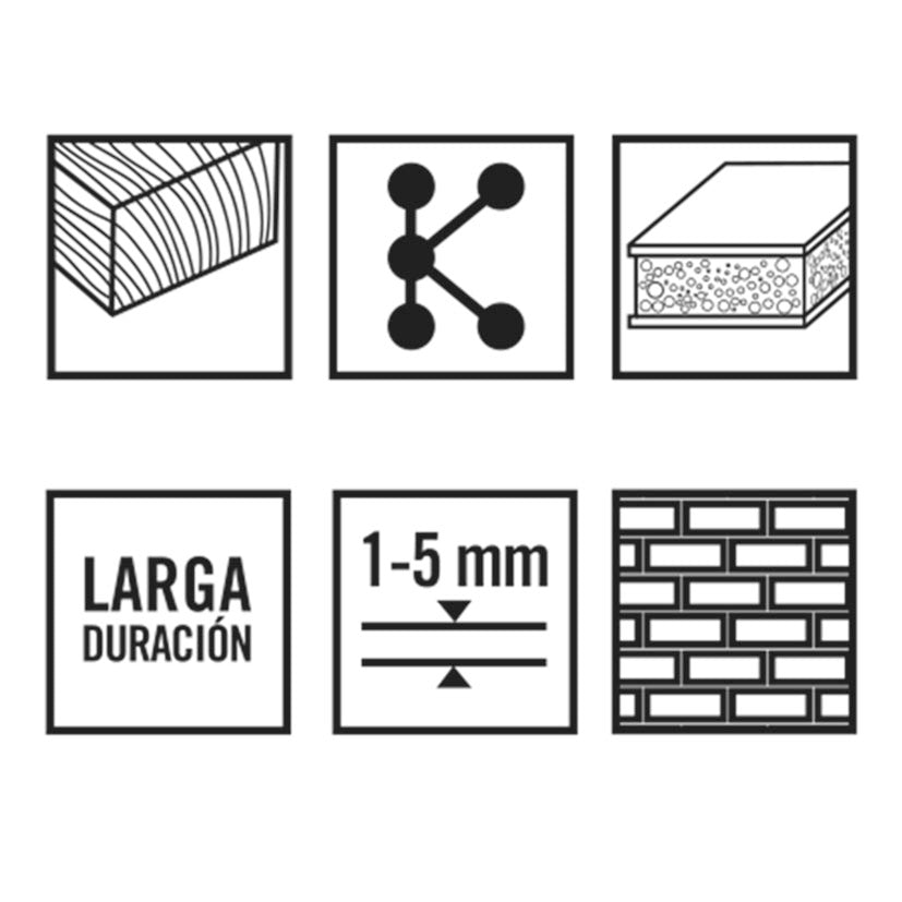 Iconografía técnica de brocas RATIO indicando uso en madera, metal, hormigón y materiales multicapa.
