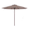Parasol circular de 3 metros con estructura de aluminio imitación madera wengué y toldo marrón.
