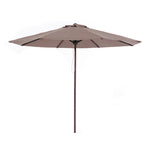 Parasol circular de 3 metros con estructura de aluminio imitación madera wengué y toldo marrón.
