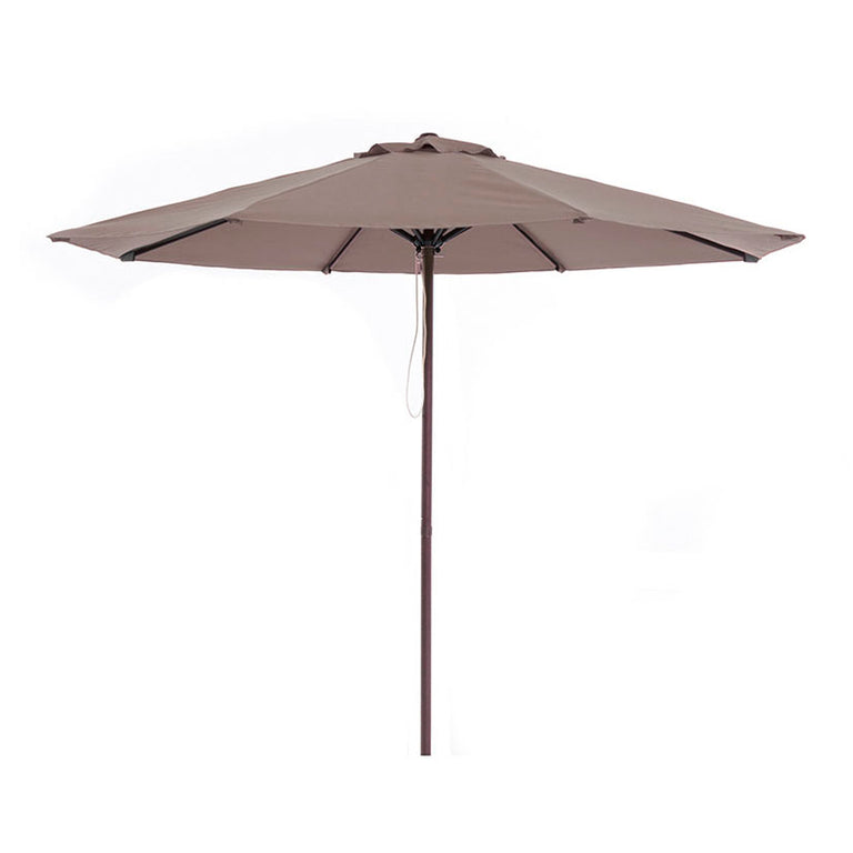 Parasol circular de 3 metros con estructura de aluminio imitación madera wengué y toldo marrón.