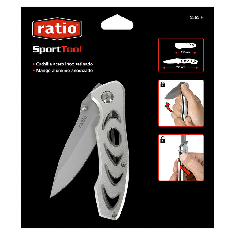 Presentación en blister de la Navaja RATIO Sport Tool mostrando dimensiones de 190mm y sistema de bloqueo