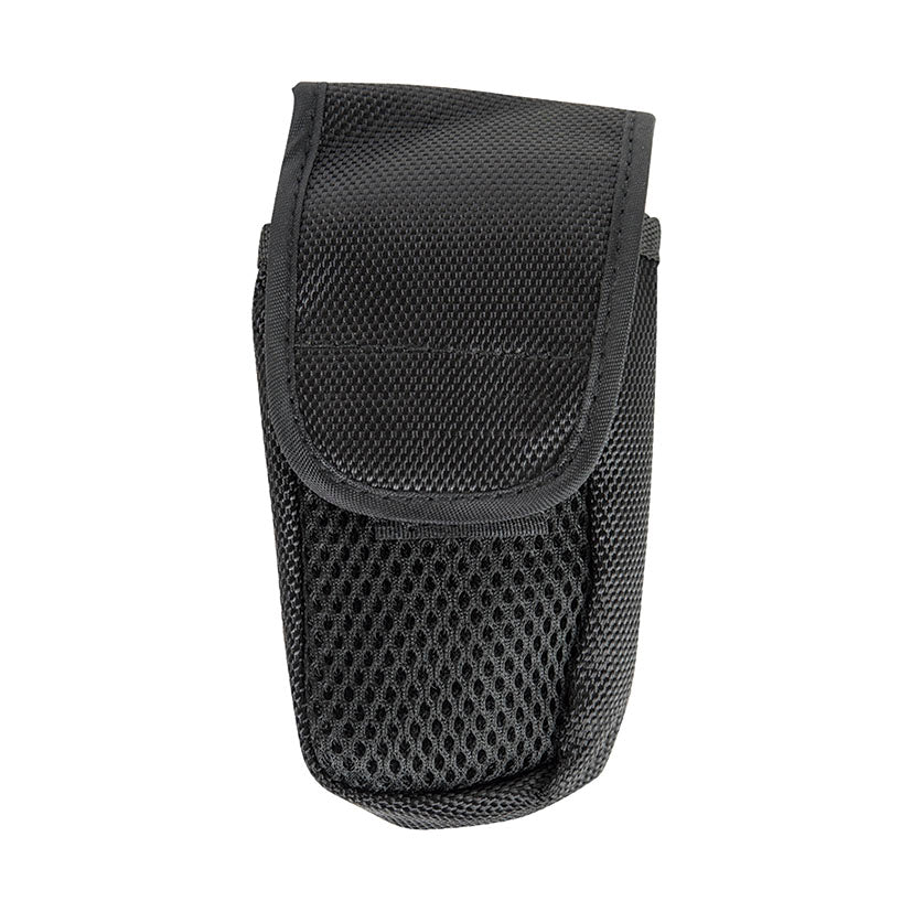 Funda protectora de nylon negro con textura de rejilla y cierre de velcro para transporte del medidor láser.