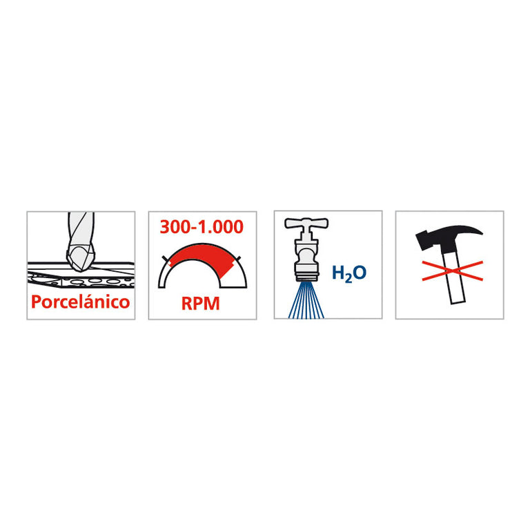 Iconos de instrucciones: apto para porcelánico, 300-1000 RPM, uso con agua y sin percusión.