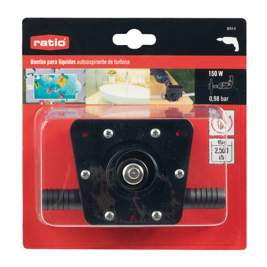 Blíster de venta de la bomba para taladros RATIO con especificaciones técnicas de 2500 l/h y 3000 rpm