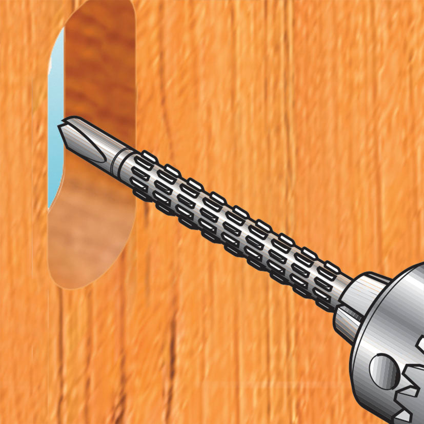 Ilustración técnica de broca raspa RATIO agrandando un agujero ovalado en una superficie de madera.
