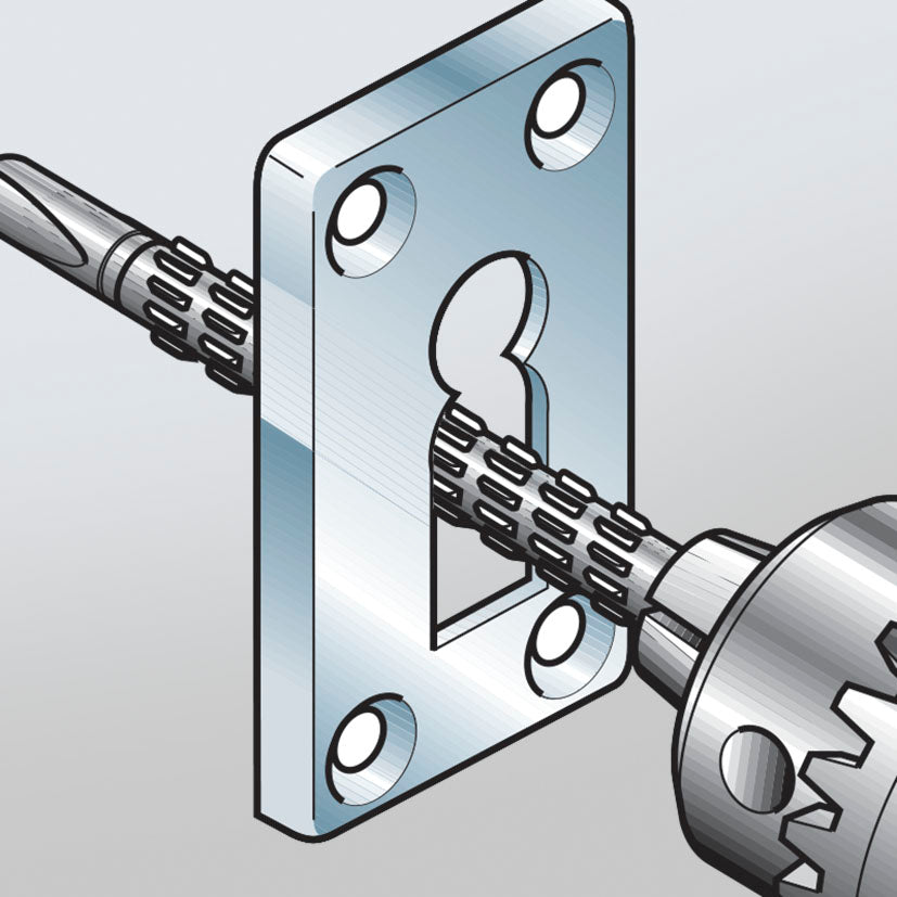 Demostración de broca raspa ajustando el hueco de una placa metálica de cerradura con taladro.