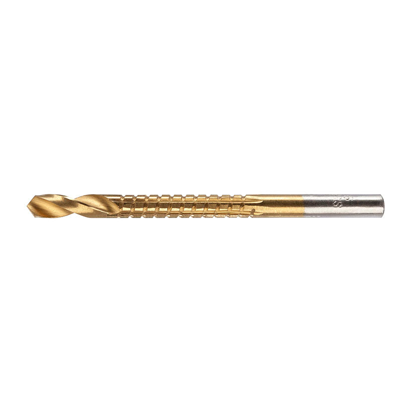 Broca raspa RATIO HSS de 6x85 mm con cuerpo dentado para fresado lateral y acabado dorado.