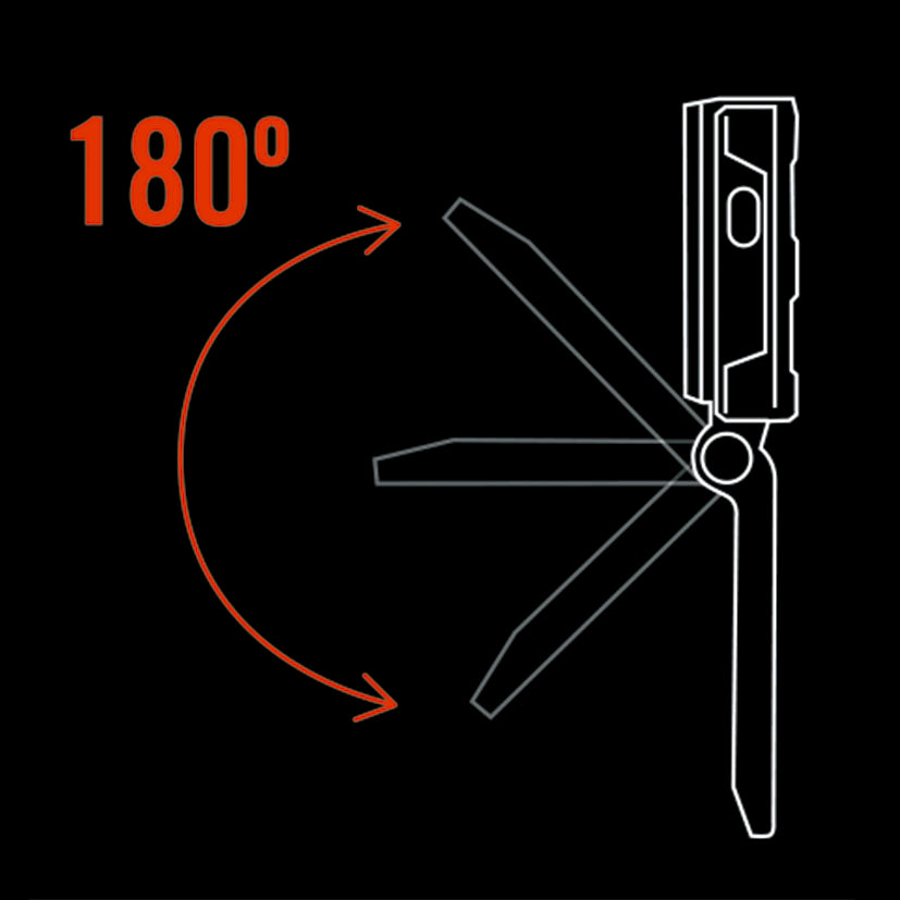 Diagrama técnico que muestra el rango de apertura de 180 grados del soporte de la linterna RATIO.
