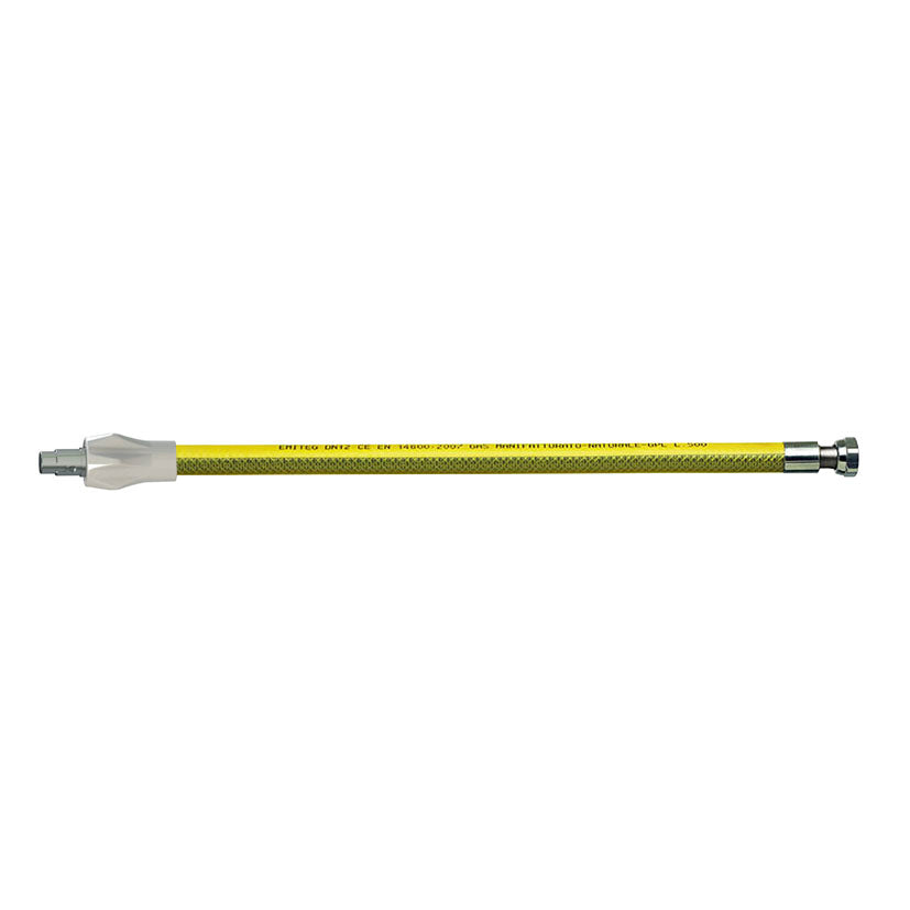Tubo de gas flexible Gasteg con conexión rápida y funda amarilla de protección ignífuga.