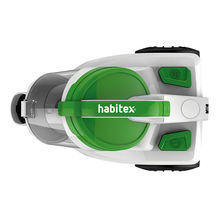 Vista superior del cuerpo del aspirador Habitex con botones de control y asa de transporte