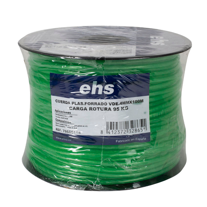 Bobina de cuerda verde EHS 4mm x 100m forrada en PVC para tendederos y exterior.