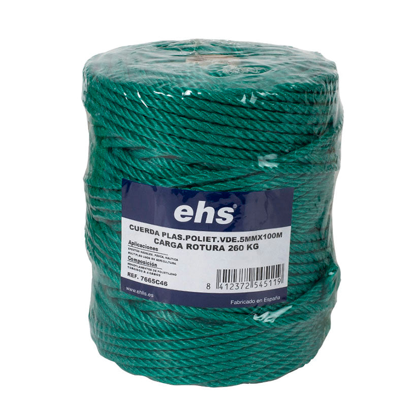 Bobina de cuerda de polietileno verde EHS 5mm x 100m para usos náuticos y agrícolas