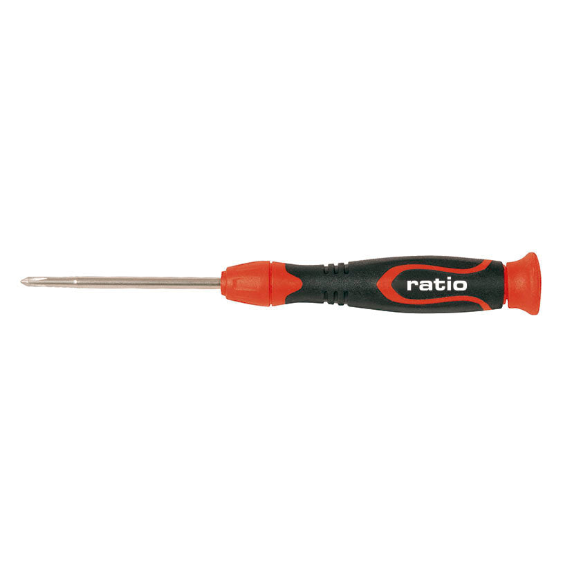 Destornillador de precisión RATIO con mango ergonómico bimaterial rojo y negro y punta Phillips de acero cromo vanadio.