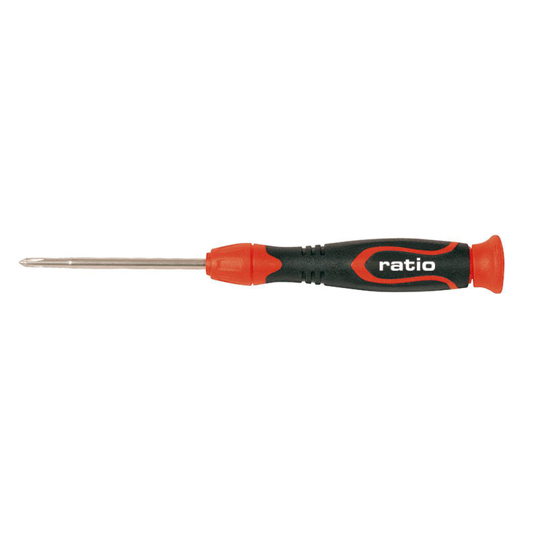 Destornillador de precisión RATIO con mango ergonómico bimaterial rojo y negro y punta Phillips de acero cromo vanadio.