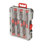 Estuche cerrado de transporte para el set de 6 destornilladores de precisión RATIO con cierre de seguridad rojo.