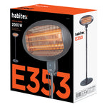 Embalaje original de la estufa Habitex E353 destacando su potencia de 2000W y protección IP34 para exterior.