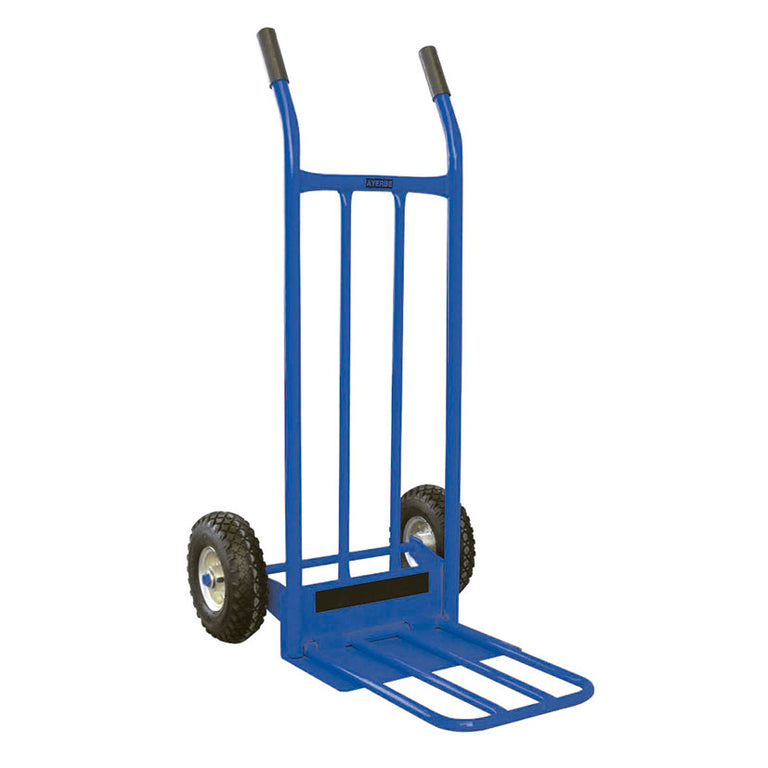 Carretilla de almacén azul Ayerbe con plataforma de carga y ruedas neumáticas para 350 kg