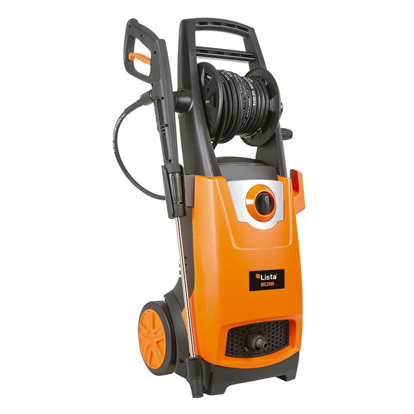 Hidrolimpiadora LISTA HDL-2500 naranja con motor de inducción y carro portamanguera.