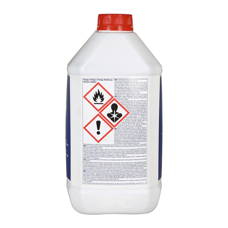 Etiqueta trasera de WD-40 5L con advertencias de seguridad y pictogramas de peligro.