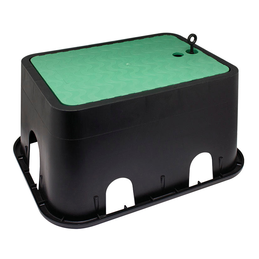 Arqueta rectangular Aqua Control para 3 electroválvulas con tapa verde y cuerpo negro resistente