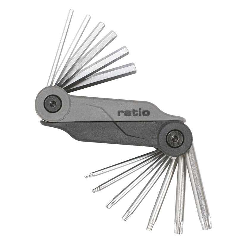 Juego de 14 llaves Allen y Torx RATIO 6140 desplegadas en formato navaja.