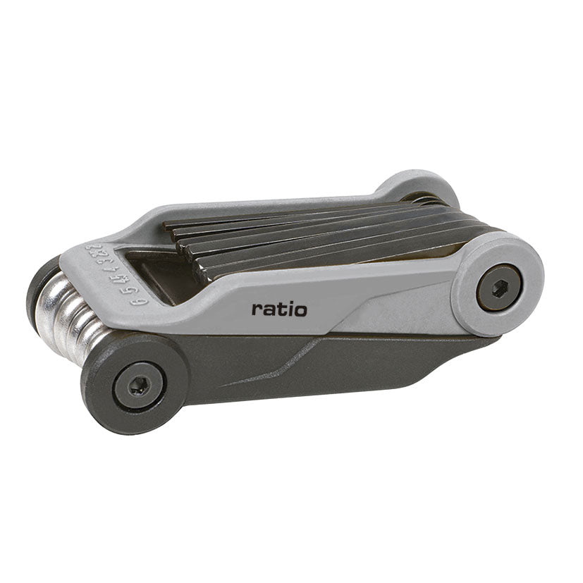 Multiherramienta RATIO 6140 plegada compacta en colores gris y negro.