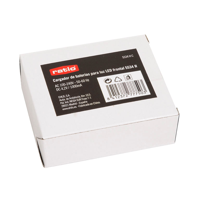 Caja de embalaje del cargador de baterías Ratio para luz LED frontal 5534 H con especificaciones técnicas impresas.