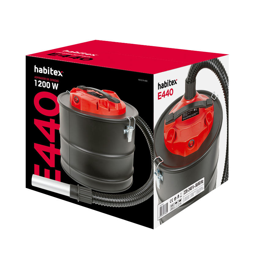 Embalaje original del aspirador de cenizas Habitex E440 con especificaciones técnicas de 1200W.