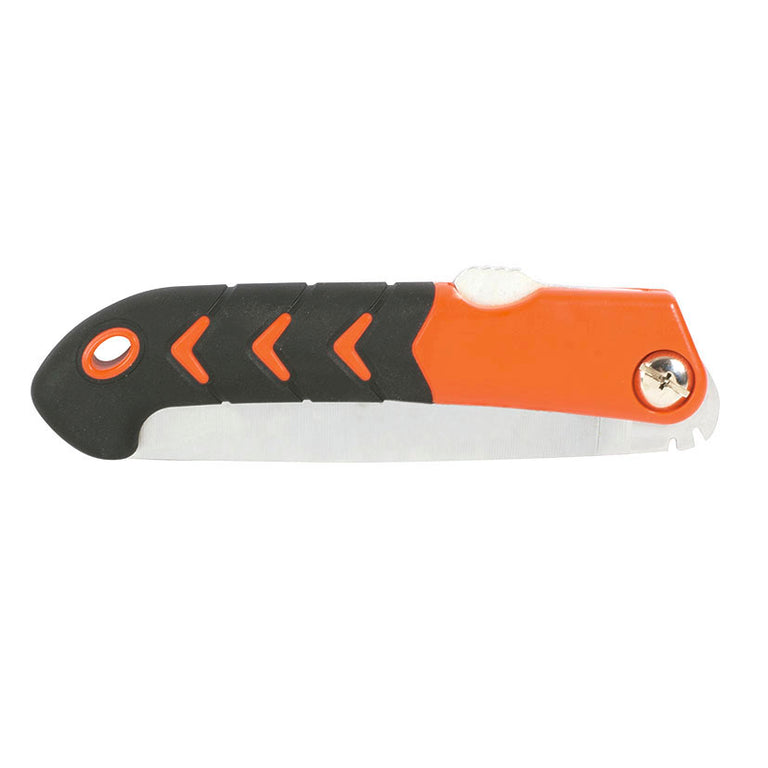 Serrucho de poda Lista en posición plegada resaltando el mango ergonómico ABS antideslizante en color negro y naranja.