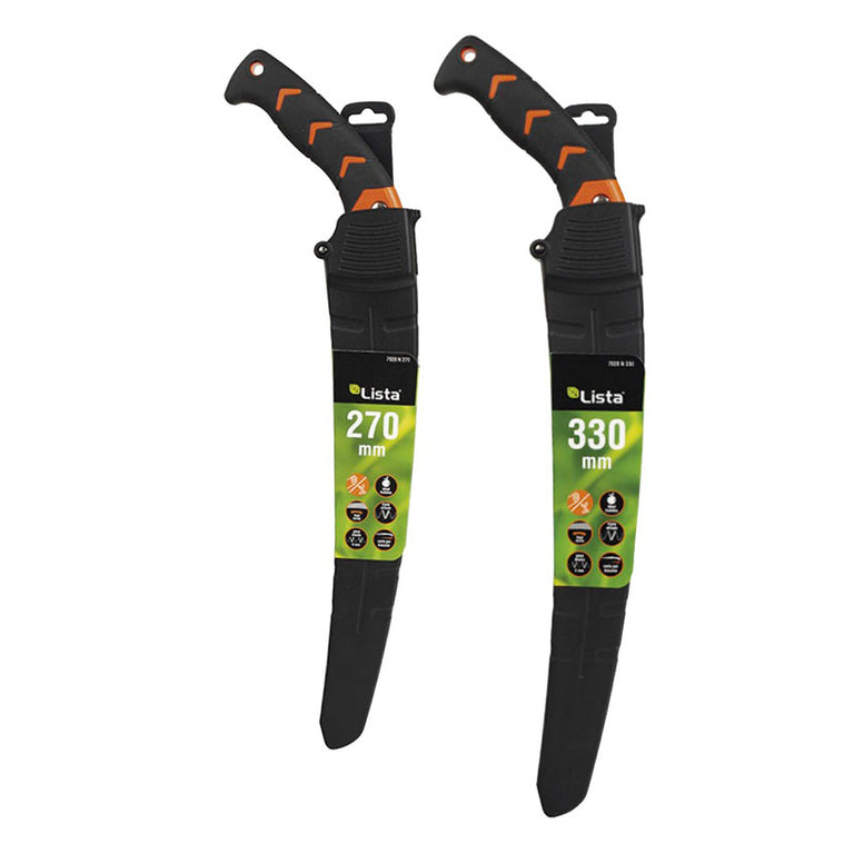 Serruchos de poda LISTA modelos 270mm y 330mm con sus respectivas fundas rígidas de transporte.