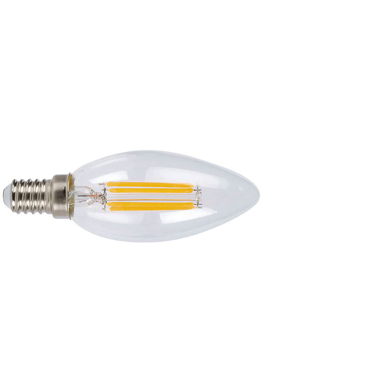 Detalle de filamentos LED amarillos en bombilla tipo vela transparente rosca E14