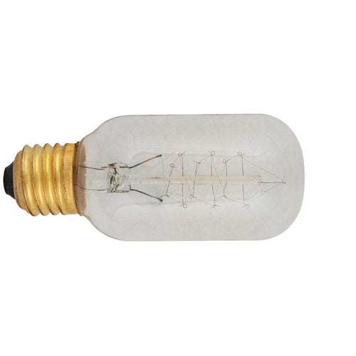 Bombilla incandescente decorativa DUOLEC T45 con filamento visto y casquillo E27 dorado.