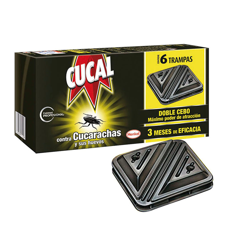 Caja de 6 trampas anticucarachas CUCAL con indicación de doble cebo y 3 meses de eficacia