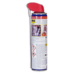 Reverso del envase WD-40 Flexible con instrucciones de uso, precauciones de seguridad y especificaciones técnicas.