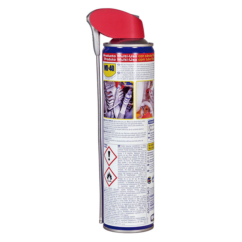 Reverso del envase WD-40 Flexible con instrucciones de uso, precauciones de seguridad y especificaciones técnicas.