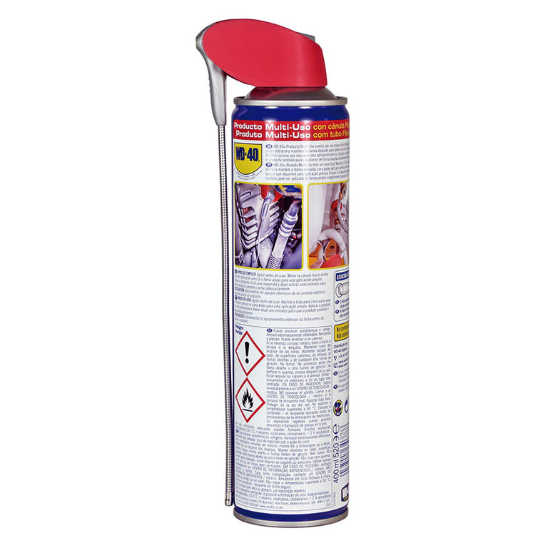 Reverso del envase WD-40 Flexible con instrucciones de uso, precauciones de seguridad y especificaciones técnicas.