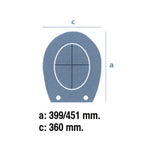 Esquema de medidas tapa WC Milos con dimensiones ajustables de 399 a 451 mm de largo