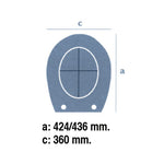 Esquema técnico de medidas de la tapa de WC Estoli Reina con dimensiones de 424-436 mm de largo y 360 mm de ancho.