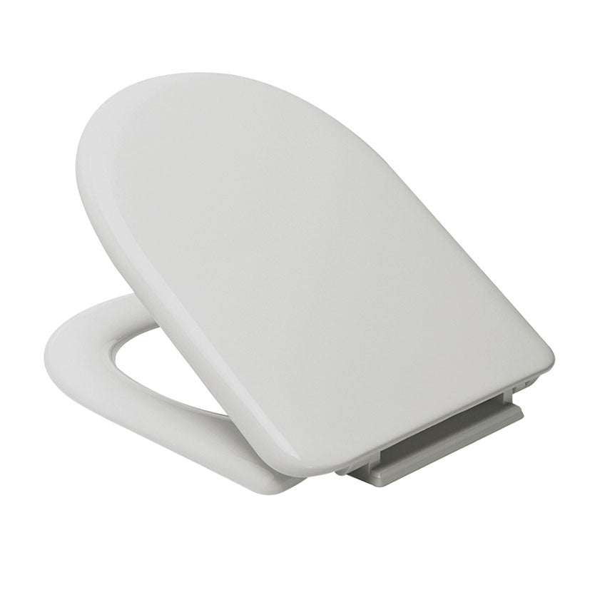 Asiento de inodoro Estoli Milos semiabierto mostrando las bisagras metálicas de montaje superior