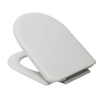 Asiento de inodoro Estoli Milos semiabierto mostrando las bisagras metálicas de montaje superior