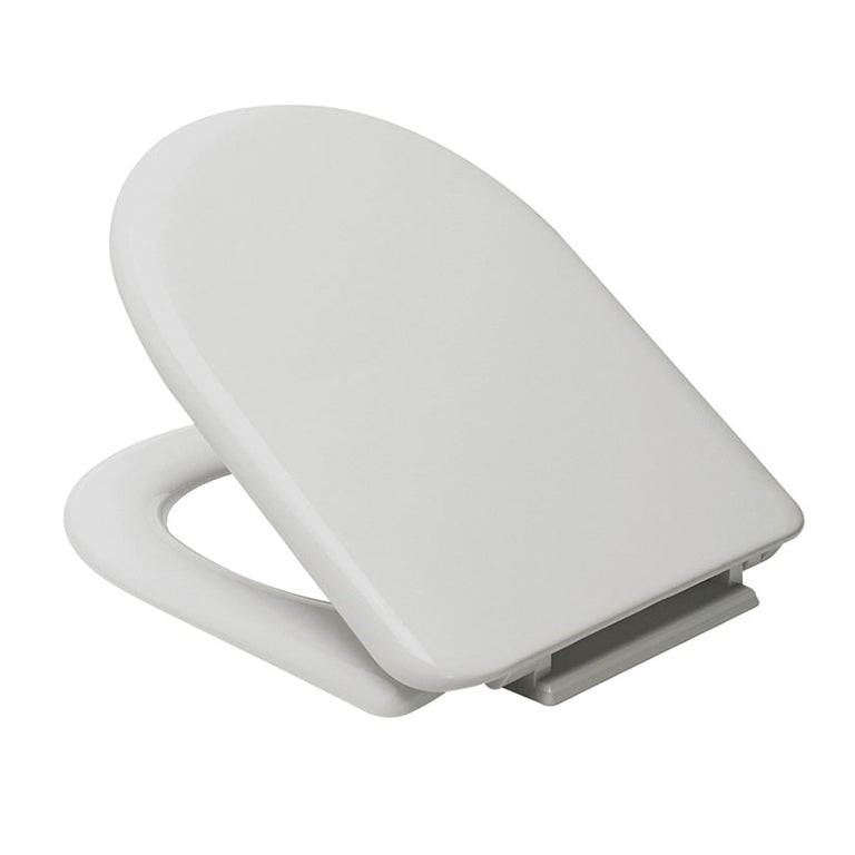 Asiento de inodoro Estoli Milos semiabierto mostrando las bisagras metálicas de montaje superior