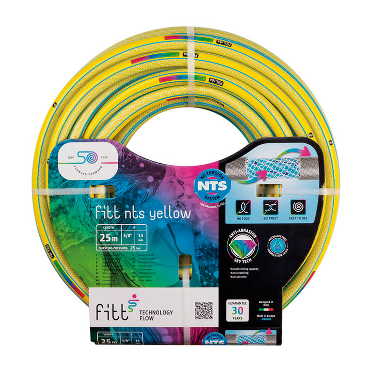 Manguera de riego FITT NTS Yellow de 15mm con sistema antitorsión y protección Sky Tech contra abrasión.