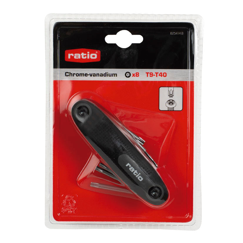 Embalaje original del juego de llaves Torx RATIO 6254H8 destacando material cromo-vanadio y rango de medidas T9 a T40.