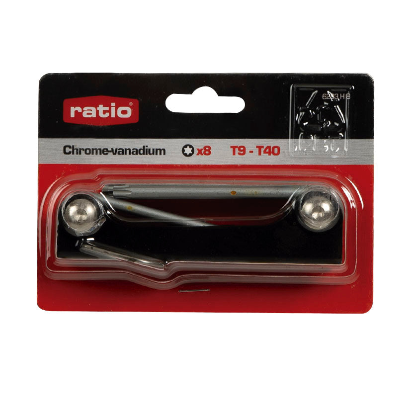 Empaque blíster del juego de llaves Torx RATIO 6293H8 mostrando las medidas T9 a T40.