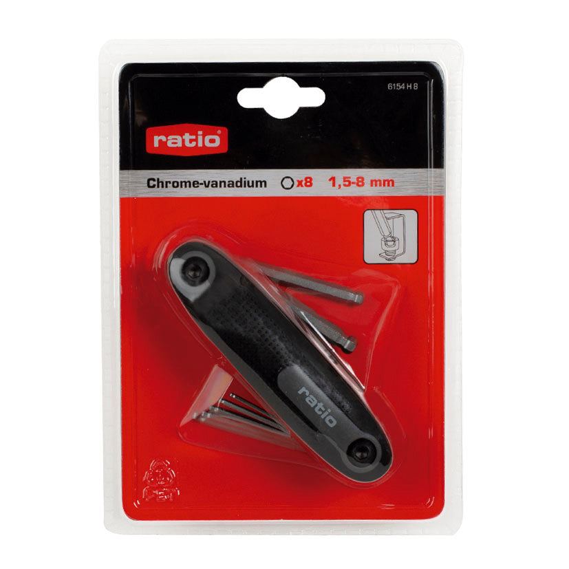 Embalaje original tipo blíster del juego de llaves Allen RATIO 6154 con medidas de 1,5 a 8 mm