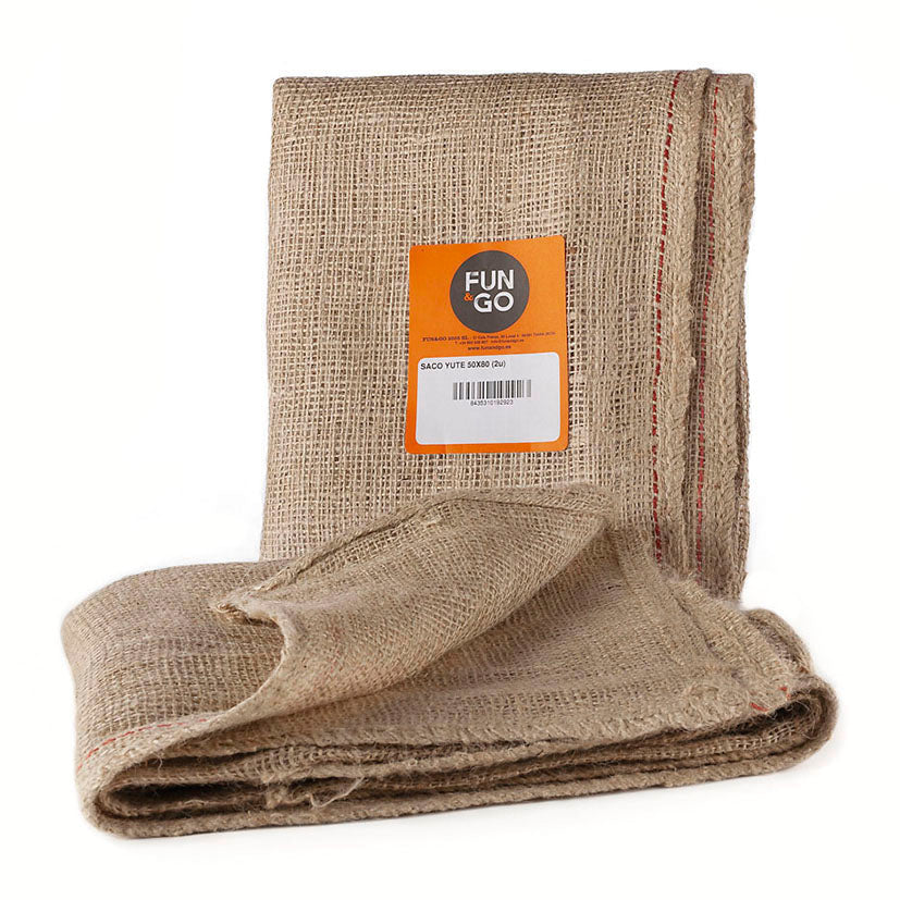 Pack de 2 sacos de yute FUN&GO de 50x80 cm en color marrón natural para almacenamiento transpirable y ecológico.