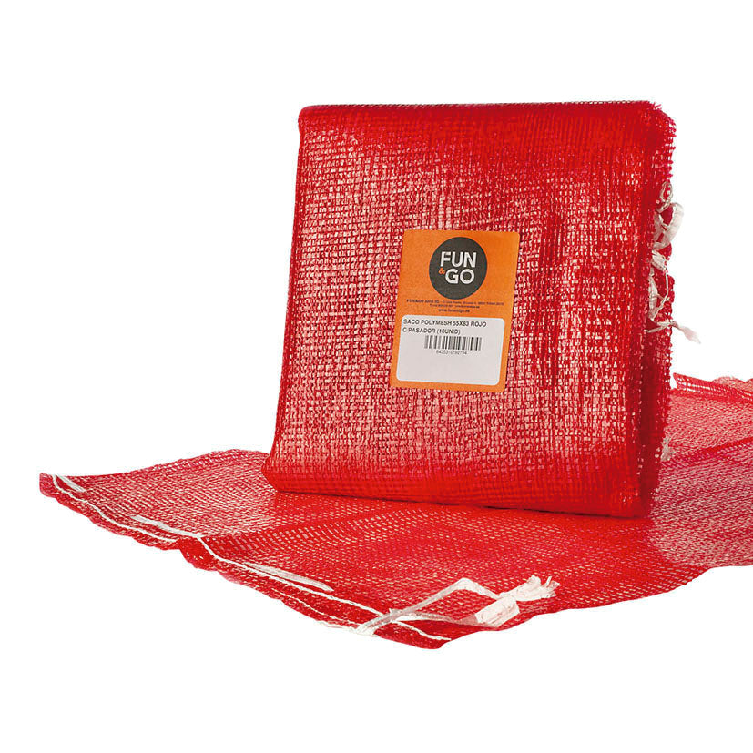 Saco de malla polymesh rojo FUN&GO de 55x83 cm para leña y productos agrícolas con cierre de pasador.